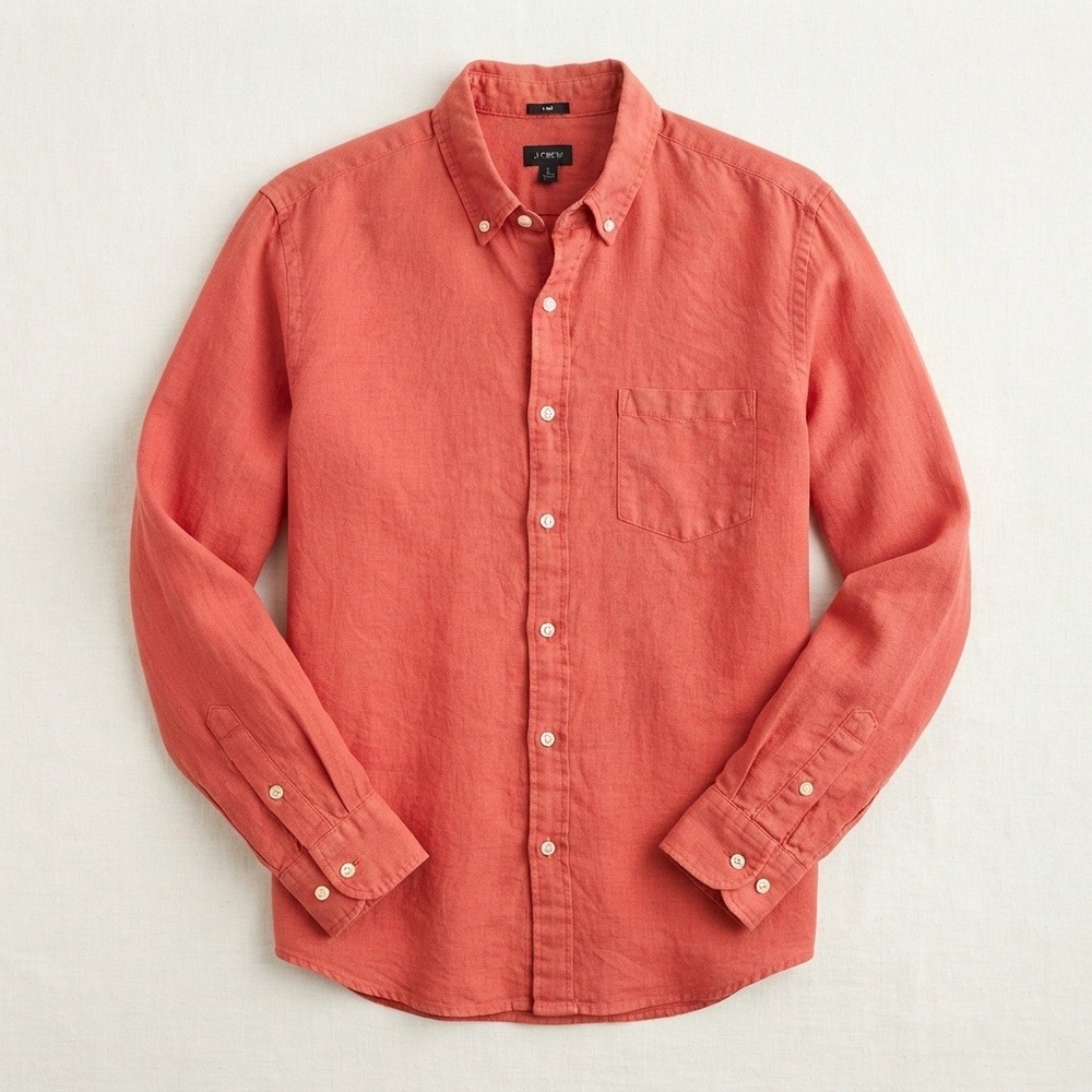 J Crew Shirt Button Down 100% Linen Slim Fit Coral Pink Large coastal minimalist